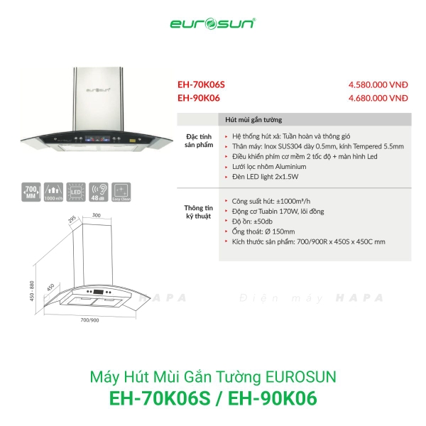 Máy Hút Mùi Gắn Tường EUROSUN EH-70K06S, EH-90K06, Công Suất 1000m³/h