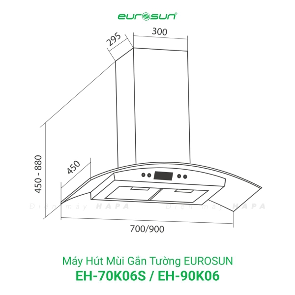 Máy Hút Mùi Gắn Tường EUROSUN EH-70K06S, EH-90K06, Công Suất 1000m³/h