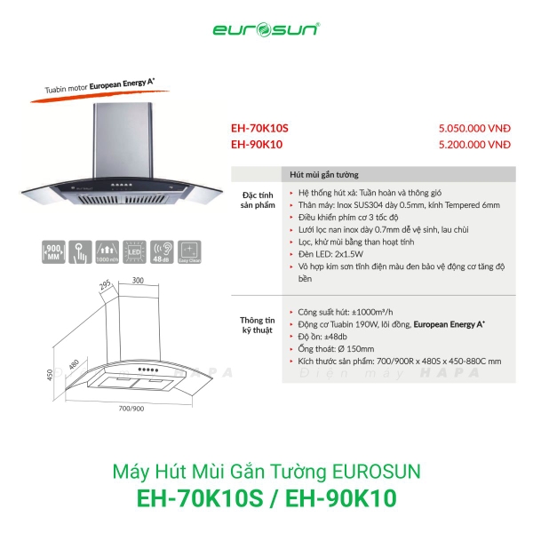 Máy Hút Mùi Gắn Tường EUROSUN EH-70K10S, EH-90K10, Công Suất 1000m³/h
