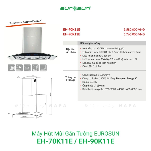 Máy Hút Mùi Gắn Tường EUROSUN EH-70K11E, EH-90K11E, Công Suất 1000m³/h