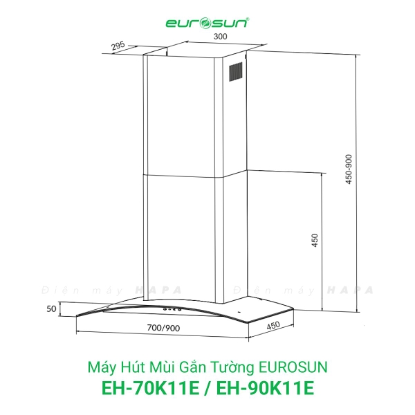 Máy Hút Mùi Gắn Tường EUROSUN EH-70K11E, EH-90K11E, Công Suất 1000m³/h