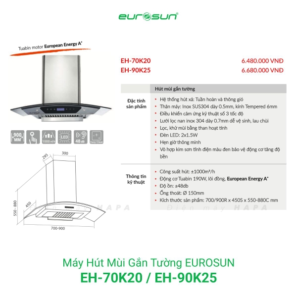 Máy Hút Mùi Gắn Tường EUROSUN EH-70K20, EH-90K25, Công Suất 1000m³/h