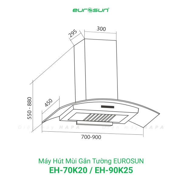 Máy Hút Mùi Gắn Tường EUROSUN EH-70K20, EH-90K25, Công Suất 1000m³/h