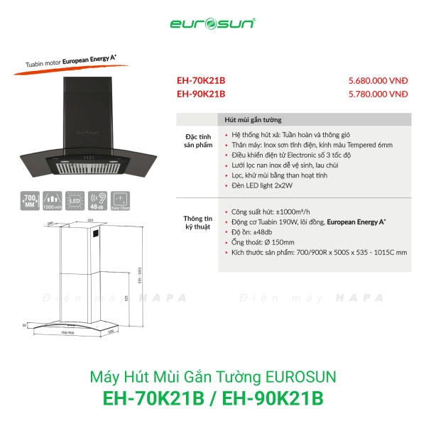 Máy Hút Mùi Gắn Tường EUROSUN EH-70K21B, EH-90K21B, Công Suất 1000m³/h