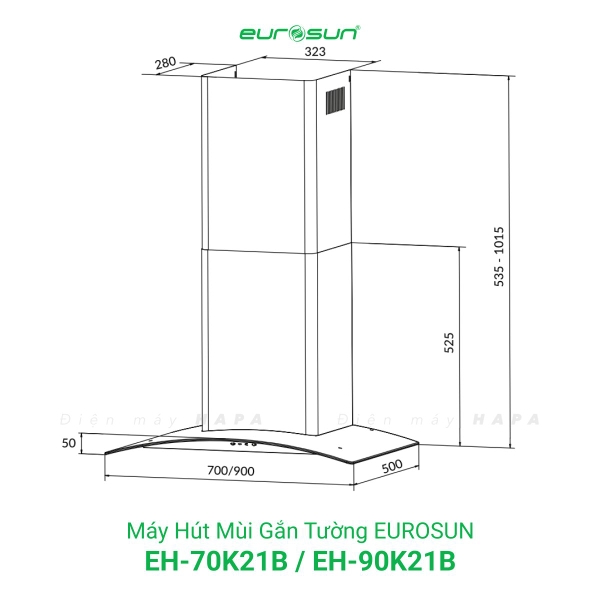 Máy Hút Mùi Gắn Tường EUROSUN EH-70K21B, EH-90K21B, Công Suất 1000m³/h