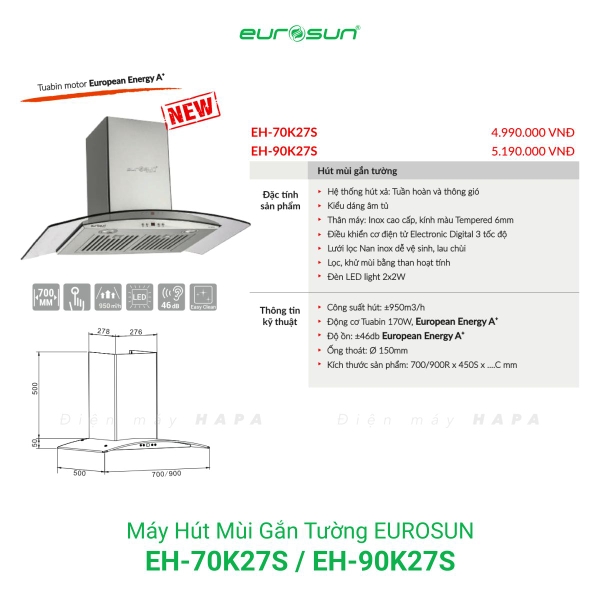 Máy Hút Mùi Gắn Tường EUROSUN EH-70K27S, EH-90K27S, Công Suất 950m³/h