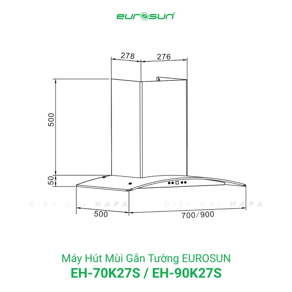 Máy Hút Mùi Gắn Tường EUROSUN EH-70K27S, EH-90K27S, Công Suất 950m³/h