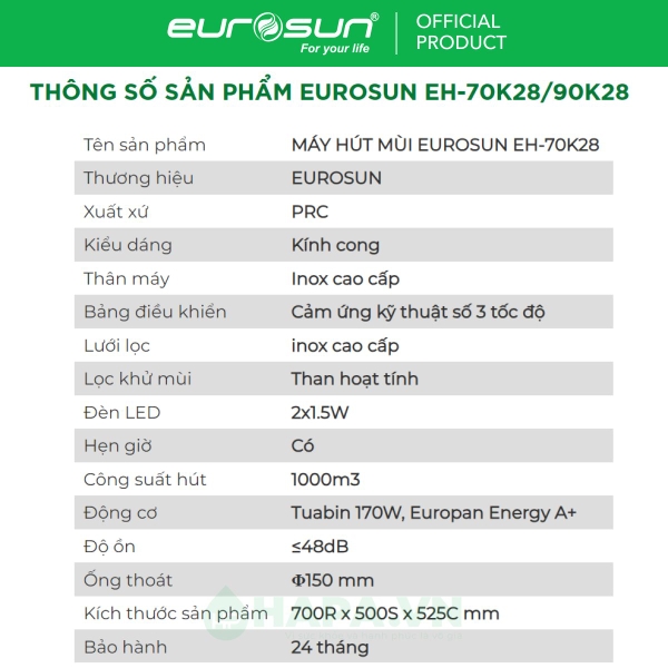 Máy Hút Mùi Gắn Tường EUROSUN EH-70K28, EH-90K28 Công Suất 1000m³/h