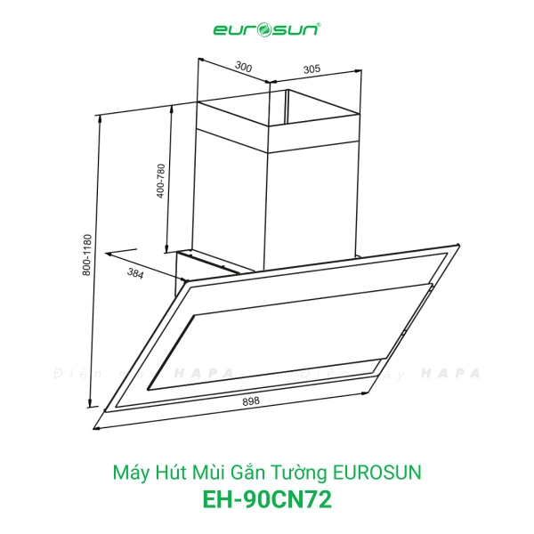 Máy Hút Mùi Kính Vát EUROSUN EH-90CN72 Công Suất 1200m³/h