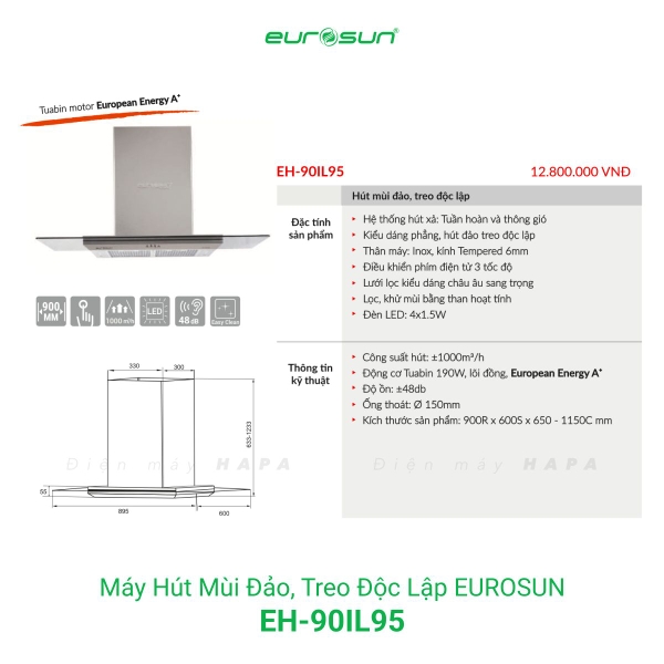 Máy Hút Mùi Đảo EUROSUN EH-90IL95 1000m³/h Treo Độc Lập