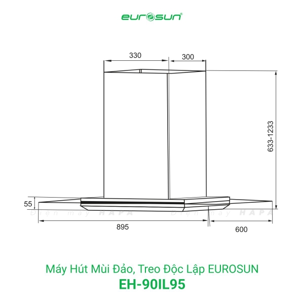 Máy Hút Mùi Đảo EUROSUN EH-90IL95 1000m³/h Treo Độc Lập