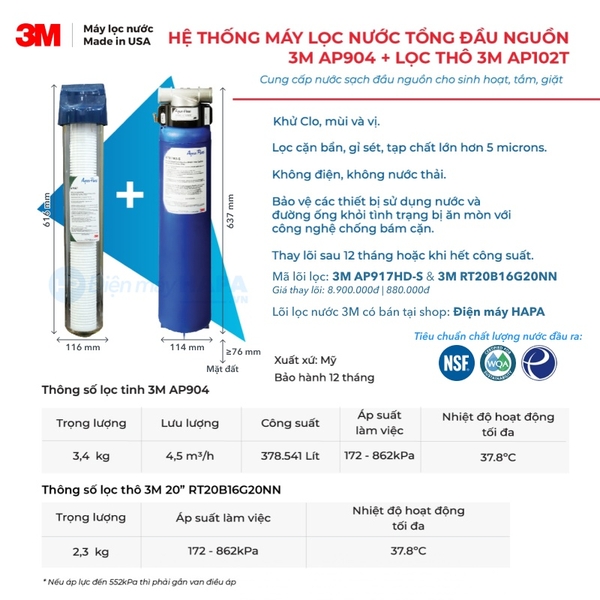 Thông số kỹ thuật Combo Máy Lọc Nước Tổng Đầu Nguồn 3M AP904 + Lọc Thô 3M 20 inch