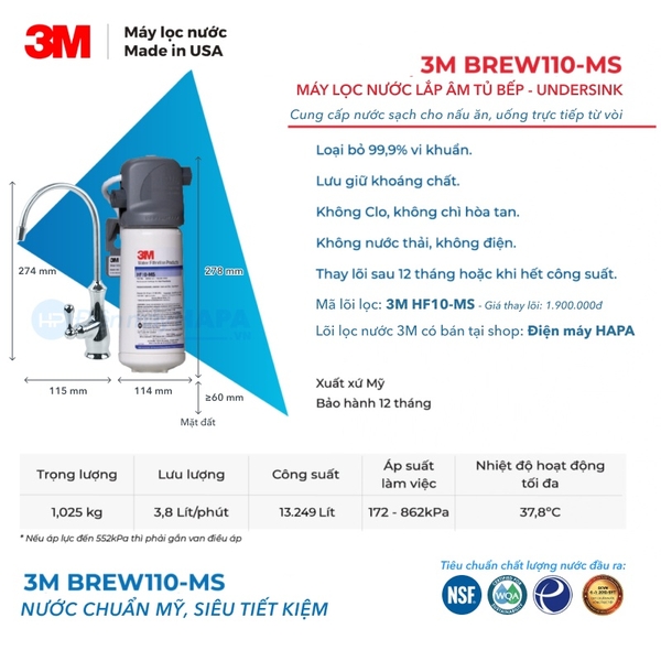 Thông số kỹ thuật Máy Lọc Nước Mỹ 3M BREW110-MS