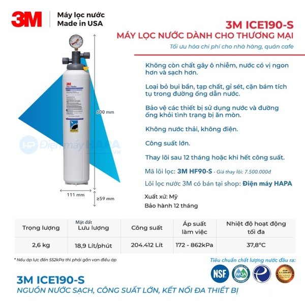 Máy Lọc Nước 3M ICE190-S Chuyên Dùng Cho Quán Cà Phê, Nhà Hàng - Nhập Khẩu Mỹ