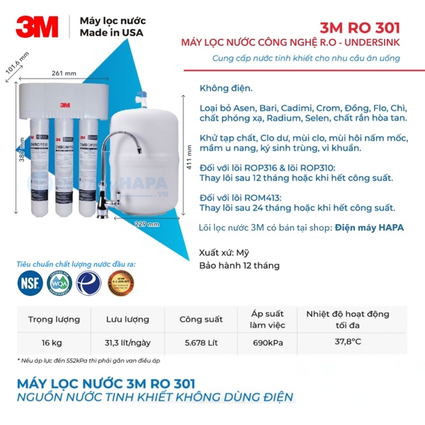 Thông số kỹ thuật Máy Lọc Nước Mỹ 3M RO301 Lắp Dưới Bồn Rửa - R.O 3 Lõi Không Dùng Điện (70020320399), Công Suất 5.678 Lít, Hàng Chính Hãng 3M