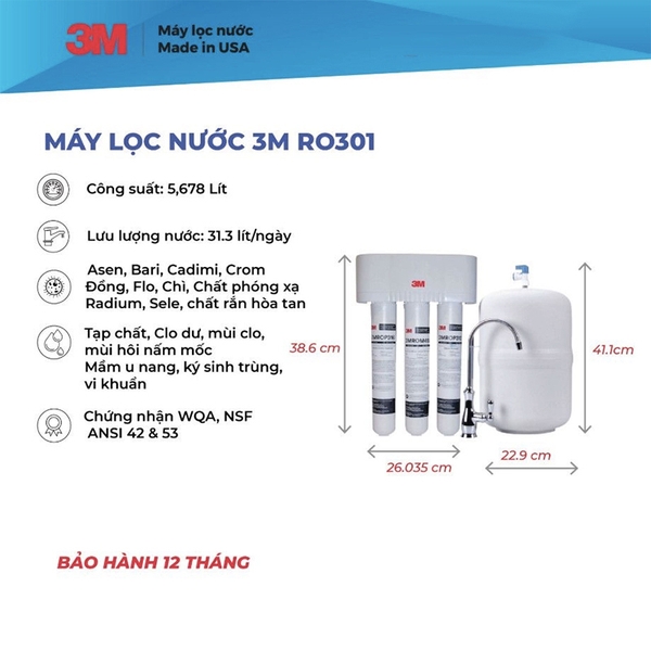 Máy Lọc Nước 3M RO301 Công nghệ RO Không Dùng Điện - Nhập Khẩu Mỹ