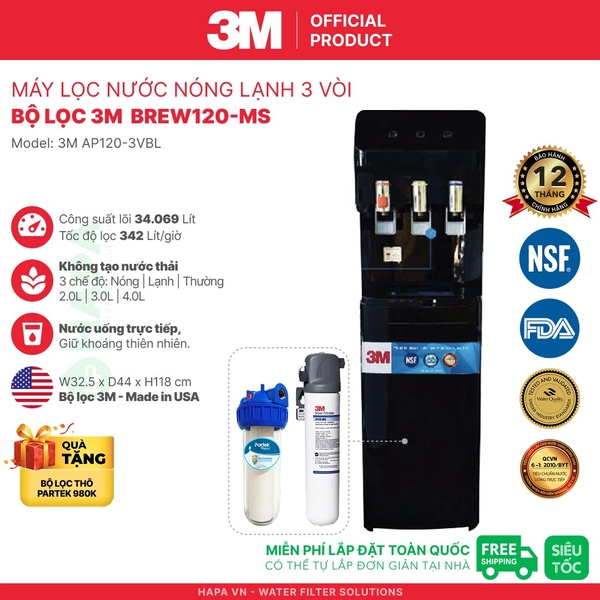 Máy Lọc Nước Nóng Lạnh 3M 3 Vòi (Màu Đen) - Bộ lọc nhập khẩu Mỹ
