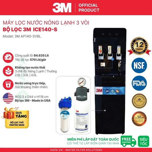 Máy Lọc Nước Nóng Lạnh 3M 3 Vòi (Màu Đen) - Bộ lọc nhập khẩu Mỹ