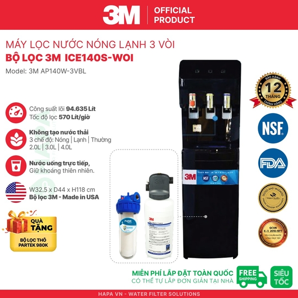 Máy Lọc Nước Nóng Lạnh 3M 3 Vòi (Màu Đen) - Bộ lọc nhập khẩu Mỹ