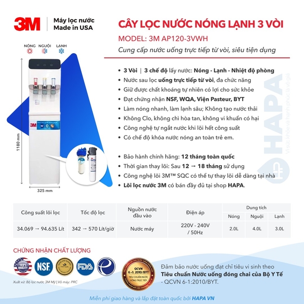 Máy Lọc Nước Nóng Lạnh 3M 3 Vòi (Màu Trắng) - Bộ lọc nhập khẩu Mỹ