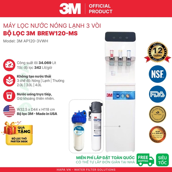 Máy Lọc Nước Nóng Lạnh 3M 3 Vòi (Màu Trắng) - Bộ lọc nhập khẩu Mỹ