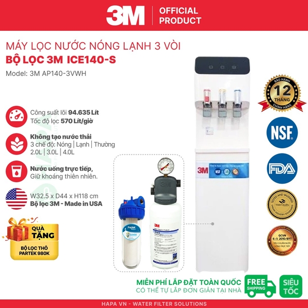 Máy Lọc Nước Nóng Lạnh 3M 3 Vòi (Màu Trắng) - Bộ lọc nhập khẩu Mỹ