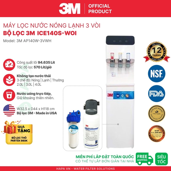 Máy Lọc Nước Nóng Lạnh 3M 3 Vòi (Màu Trắng) - Bộ lọc nhập khẩu Mỹ