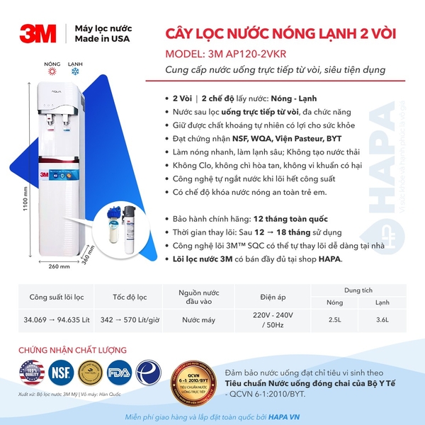Máy Lọc Nước Nóng Lạnh 3M 2 Vòi - Bộ lọc nhập khẩu Mỹ