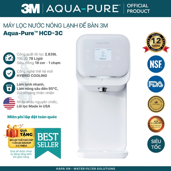 Máy Lọc Nước Nóng Lạnh Để Bàn 3M HCD-2 Tích Hợp Đèn UV Diệt Khuẩn - Nhập Khẩu Mỹ, Hàng Chính Hãng 3M™ Aqua-Pure™