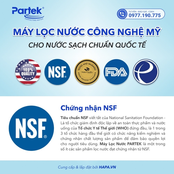 Máy Lọc Nước PARTEK đạt chuẩn quốc tế NSF, WQA, Viện Pasteur về nước sạch