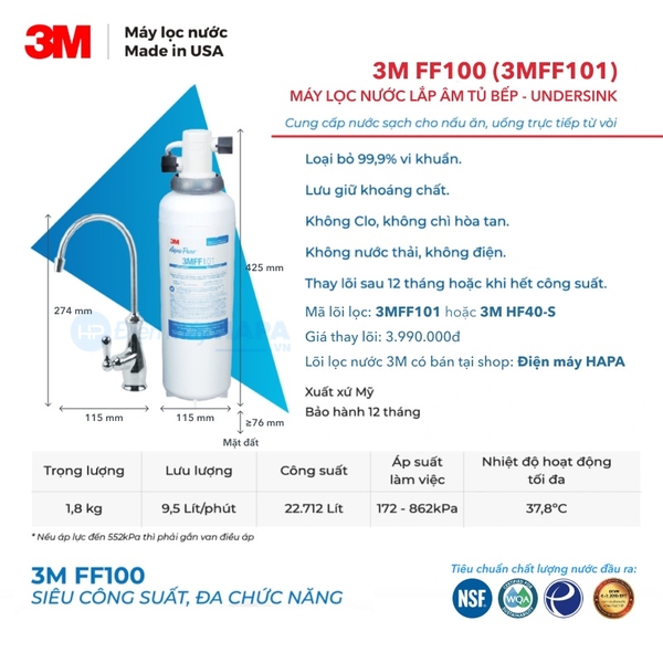 Máy Lọc Nước 3M FF100 (3MFF101) - Nhập Khẩu Mỹ (Mẫu Mới 3M HF40-S)
