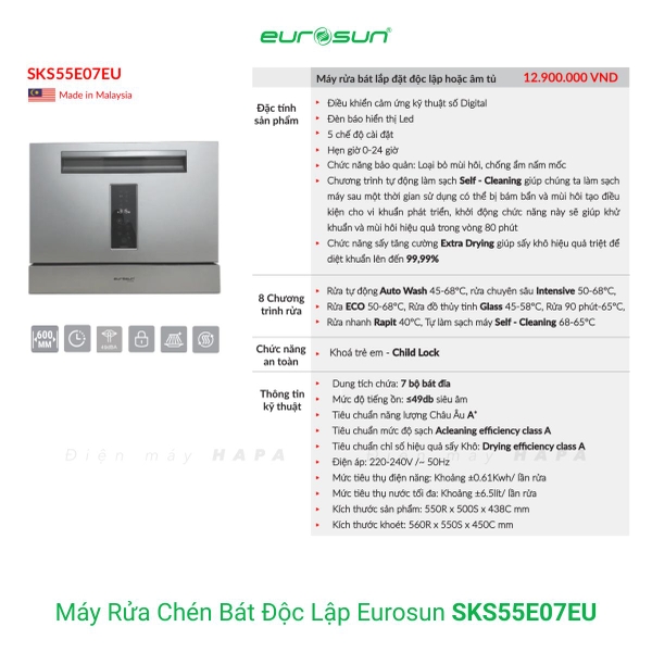 Máy Rửa Chén Để Bàn EUROSUN SKS55E07EU 7 Bộ - Nhập Khẩu Malaysia