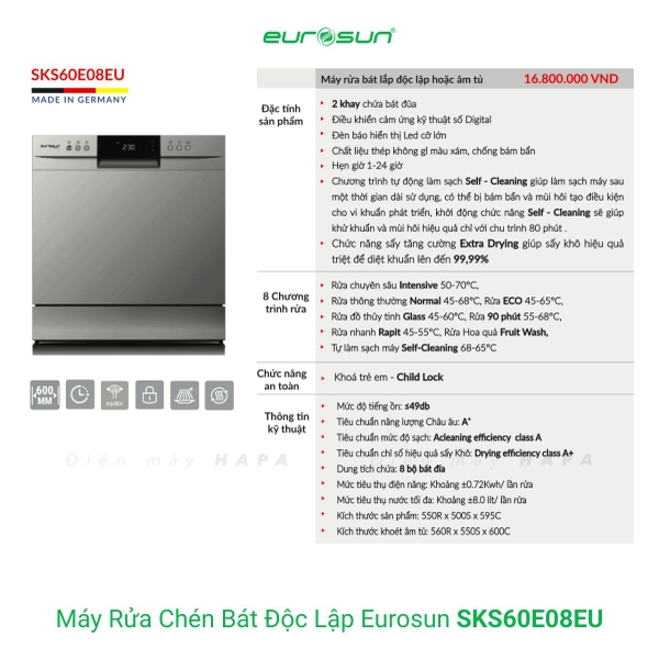 Máy Rửa Chén EUROSUN SKS60E08EU Cao Cấp 8 Bộ - Nhập Khẩu CHLB Đức