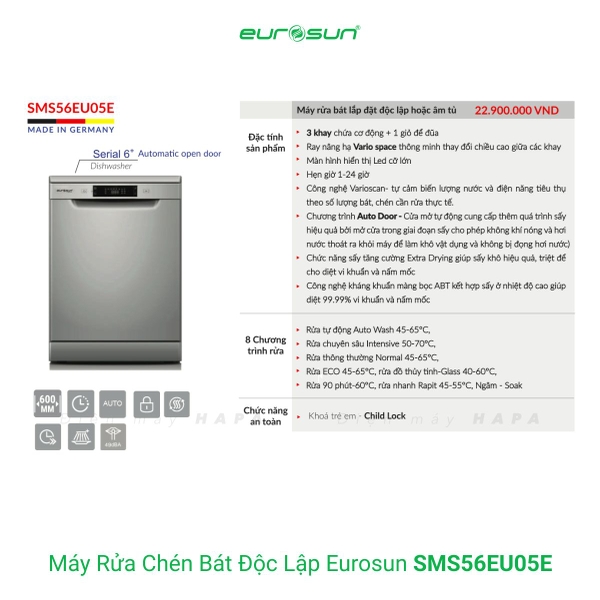 Máy Rửa Chén EUROSUN SMS56EU05E Cao Cấp 15 Bộ - Nhập Khẩu CHLB Đức