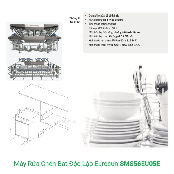 Máy Rửa Chén EUROSUN SMS56EU05E Cao Cấp 15 Bộ - Nhập Khẩu CHLB Đức