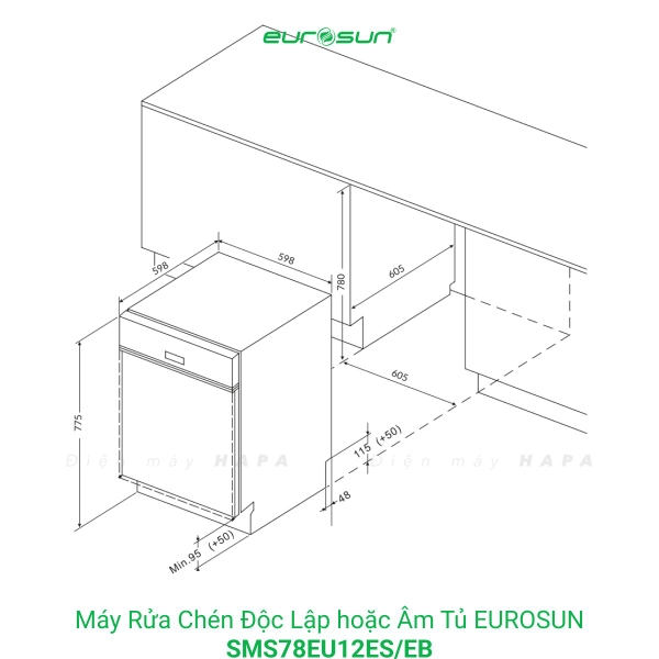 Máy Rửa Chén EUROSUN SMS78EU12EB, SMS78EU12ES 14 Bộ