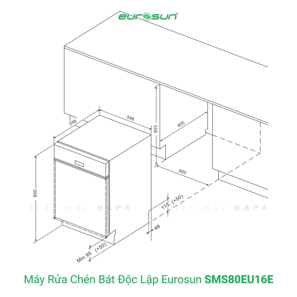 Máy Rửa Chén EUROSUN SMS80EU16E Cao Cấp 15 Bộ - Nhập Khẩu CHLB Đức