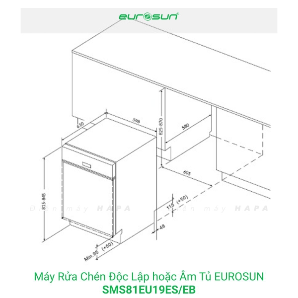 Máy Rửa Chén EUROSUN SMS81EU19EB, SMS81EU19ES 15 Bộ