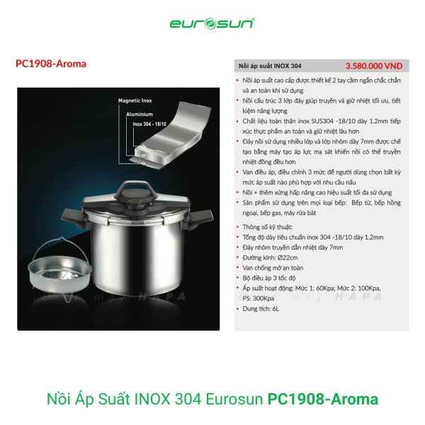 Nồi Áp Suất EUROSUN PC1908-Aroma Ø22cm 6 Lít, SUS304 3 Lớp Cao Cấp