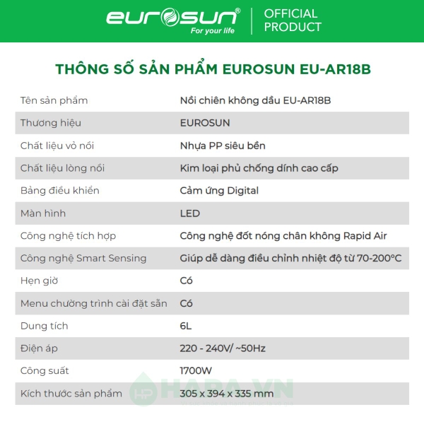 Nồi Chiên Không Dầu EUROSUN EU-AR18B 6 Lít