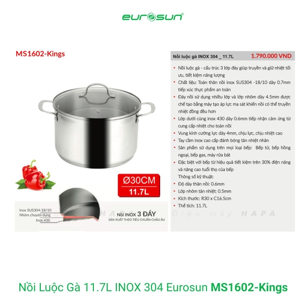 Nồi Luộc Gà EUROSUN MS1602-Kings Ø30cm, 11.7 Lít, INOX SUS304 3 Lớp