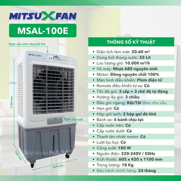 Thông số kỹ thuật Quạt Hơi Nước Cao Cấp MITSUXFAN MSAL-100E - Diện tích 20-60 m², 55 Lít - Hàng Chính Hãng
