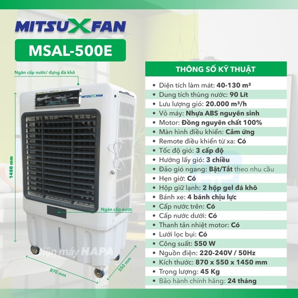 Thông số kỹ thuật Quạt Hơi Nước Cao Cấp MITSUXFAN MSAL-500E - Diện tích 40-130 m², 90 Lít - Hàng Chính Hãng