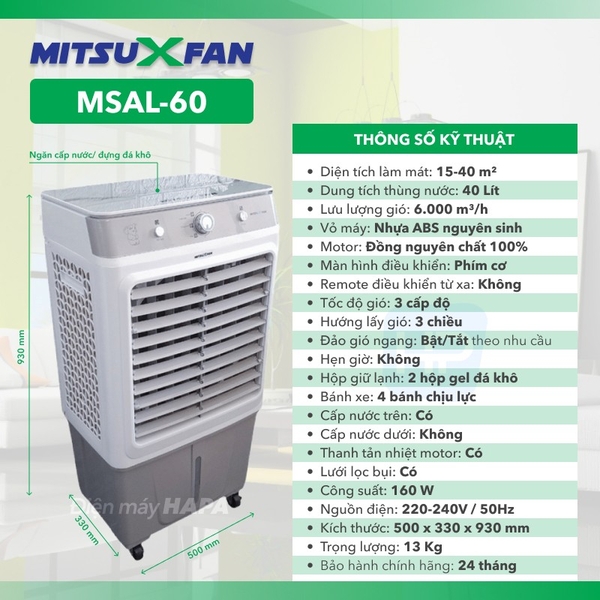 Máy Làm Mát Không Khí MITSUXFAN MSAL-60 - Phòng 20 ~ 40m² - Điện máy HAPA - Hàng Chính Hãng