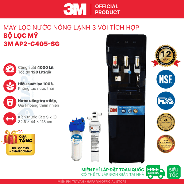 Máy Lọc Nước Nóng Lạnh 3 Vòi (Màu Đen) - Bộ lọc nhập khẩu Mỹ