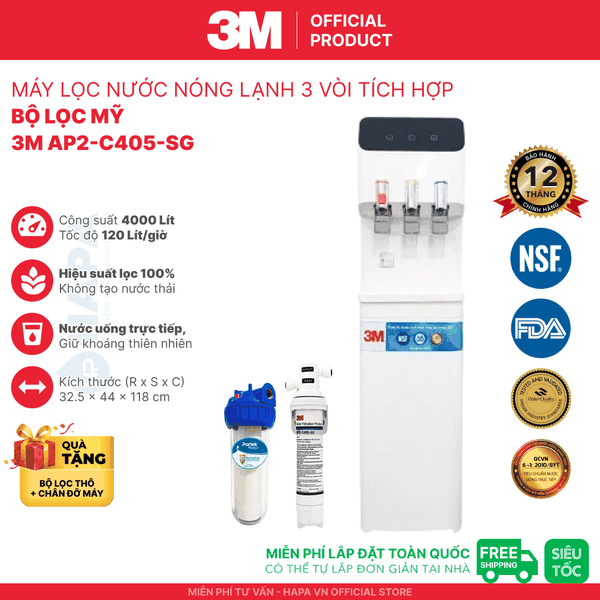 Máy Lọc Nước Nóng Lạnh 3 Vòi 3M (Màu Trắng) - Bộ lọc nhập khẩu Mỹ