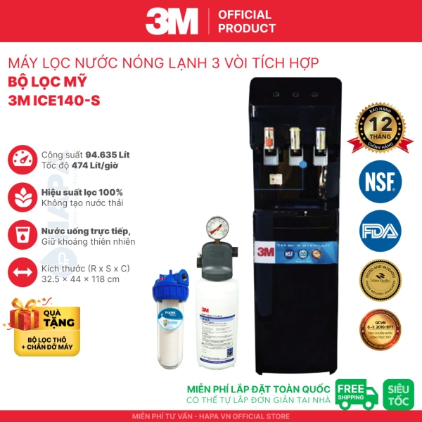 Máy Lọc Nước Nóng Lạnh 3 Vòi (Màu Đen) - Bộ lọc nhập khẩu Mỹ