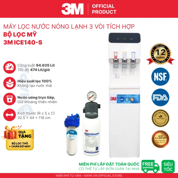 Máy Lọc Nước Nóng Lạnh 3 Vòi 3M (Màu Trắng) - Bộ lọc nhập khẩu Mỹ