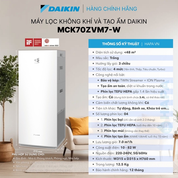 Máy Lọc Không Khí Tạo Ẩm DAIKIN MCK70ZVM7-T/W Diện tích dưới 48m²