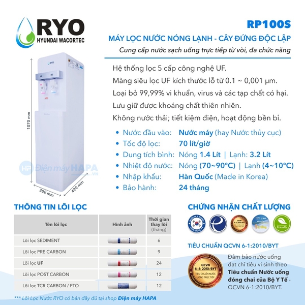 Thông số kỹ thuật Máy Lọc Nước Nóng Lạnh RYO Hyundai RP100S - Công Nghệ UF, Không Dùng Điện, Nhập Khẩu Hàn Quốc